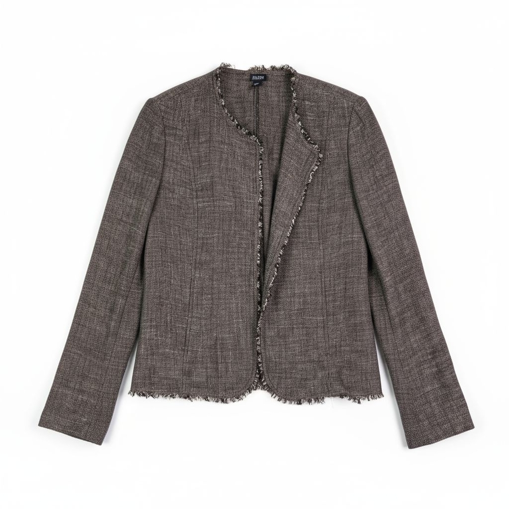 Eileen Fisher Bouclé Frayed Edge Jacket Black Textured Rayon Linen Blend Large